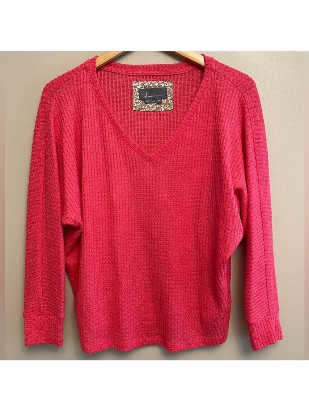 Anthropologie Pink Waffle Knit V Neck XS Oversized Watermelon